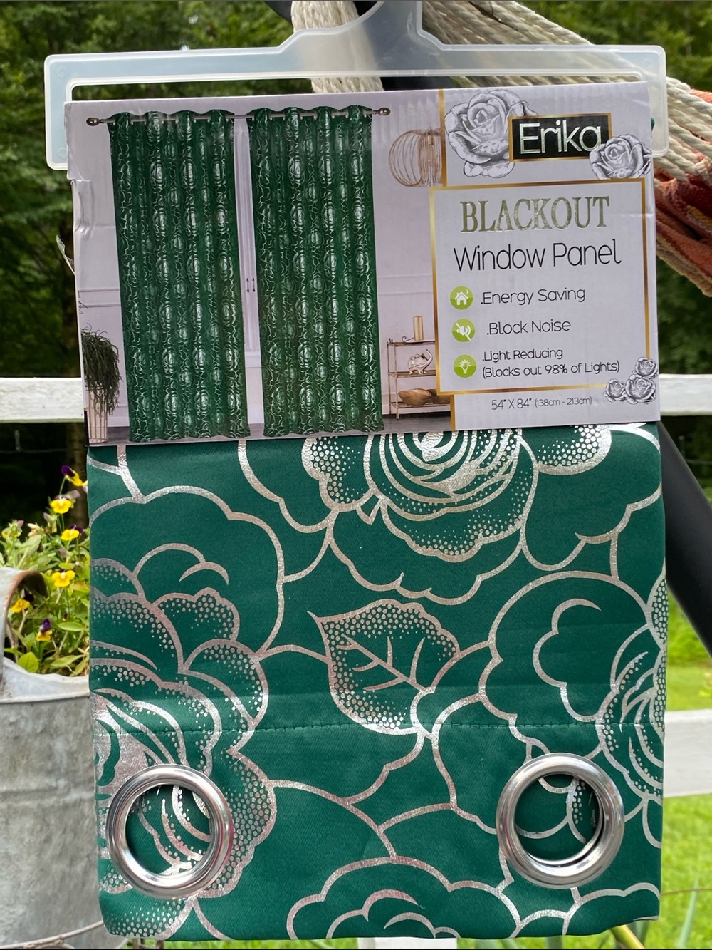 Erika Green Silver Floral Blackout Curtain Panel Silver Metallic Accents 54 x 84